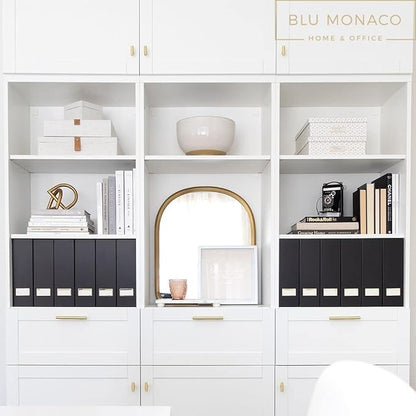 BLU MONACO Declutter in Style - Set of 6 Black Foldable Magazine File Holders with Gold Label Holders - Cardboard Magazine Storage Box & Desk Organizer for Workspace and Shelves