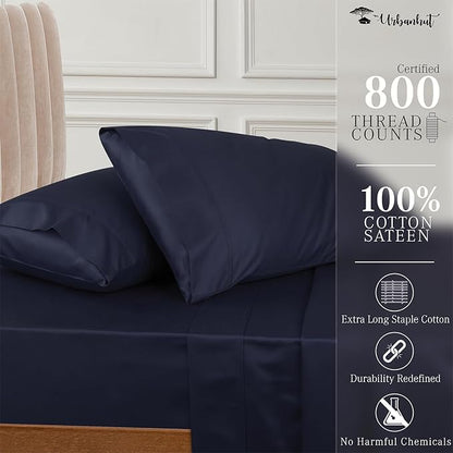 URBANHUT 800 Thread Count 100% Cotton California King Size Sheets, Luxury 4 Piece Cal King Bedsheets, Hotel Sheets Sateen Finish - Better Than Egyptian, 16" Elasticized Deep Pocket - Navy Blue