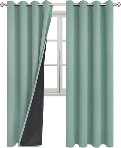 BGment Thermal Insulated 100% Blackout Curtains for Bedroom with Black Liner, Double Layer Full Room Darkening Noise Reducing Grommet Curtain (52 x 84 Inch, Frosty Green, 2 Panels)