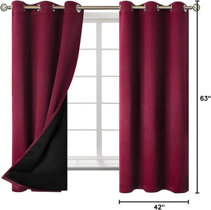BGment Thermal Insulated 100% Blackout Curtains for Bedroom with Black Liner, Double Layer Full Room Darkening Noise Reducing Grommet Curtain (42 x 63 Inch, Burgundy Red, 2 Panels)
