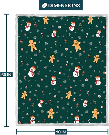 PAVILIA Green Christmas Sherpa Throw Blanket, Gingerbread Snowman Holiday Pattern, Soft Reversible Fleece & Sherpa 50x60 Winter Blanket for Couch & Bed, Cozy Christmas Decor