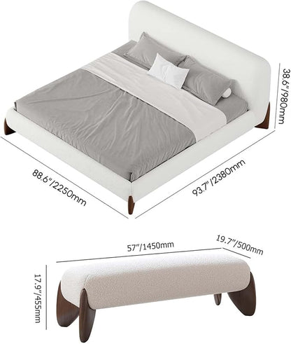 homary Curva Modern White Boucle King Size Platform Bed Set & Bedroom Bench with Solid Rubber Wood Legs, Upholstered Headboard, Comfortable & Stylish for Master Suite or Guest Room