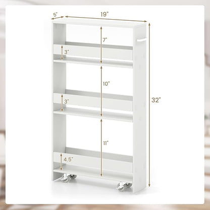 Giantex Slim Storage Cart 4 Tier, Rolling Narrow Island Cart, Side Cabinet w/Handle, Space Saving Trolley, Kitchen Utility Cart Tower Rack for Dining Room Laundry Room Bathroom, White