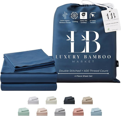Luxury Bamboo Market | King Size Bed Sheet Set | 100% Viscose Made from Bamboo | Organically Grown | Ultra Soft | Cooling Sheets for Hot Sleepers | 17" Deep Pocket [Midnight Blue]