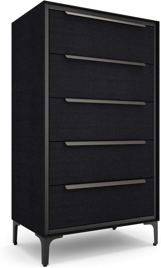 tinge Naima Premium Fabric Dresser - Strong Metal Frame, 5 Spacious Sag-Proof Drawers with Sleek Metal Handles - Premium & Durable Storage Solution for Your Home (Black)