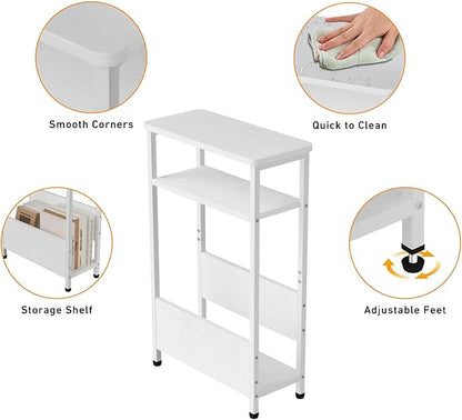 THUMEYE 7.1" Narrow Side Table for Small Spaces, 3 Tier Small End Table with Magazine Holder, Slim/Skinny Nightstand/Bedside Table for Living Room, Bedroom, 15.4" L x 24.2" H, White