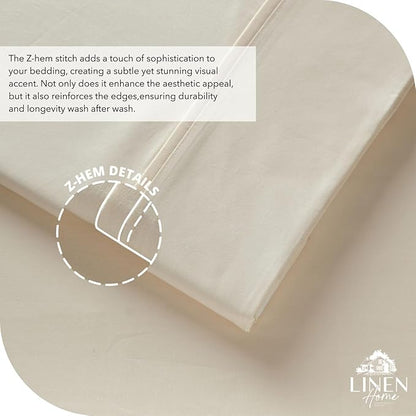 Linen Home 100% Cotton Percale Sheet Set, Twin Size, Ivory, Deep Pocket, 4 Pieces Set - 1 Flat, 1 Deep Pocket Fitted Sheet and 2 Pillowcases, Crisp Cool and Strong Bed Linen