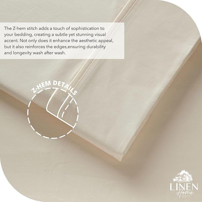 Linen Home 100% Cotton Percale Sheet Set, King Size, Ivory, Deep Pocket, 6 Pieces Set - 1 Flat, 1 Deep Pocket Fitted Sheet and 4 Pillowcases, Crisp Cool and Strong Bed Linen