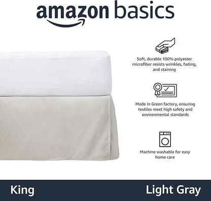 Amazon Basics Lightweight Pleated King Size Bed Skirt, Fade Resistant, Machine Washable, King, Light Grey, Solid