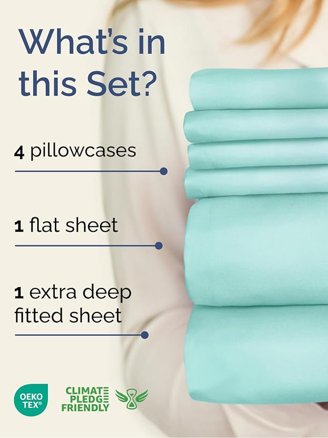 Extra Deep Queen Sheet Set - 6 Piece Breathable & Cooling Sheets - Hotel Luxury Bed Sheets Set - Easy & Secure Fit - Soft, Wrinkle Free & Comfy Sheets Set - Spa Blue Sheet Set with Extra Deep Pockets