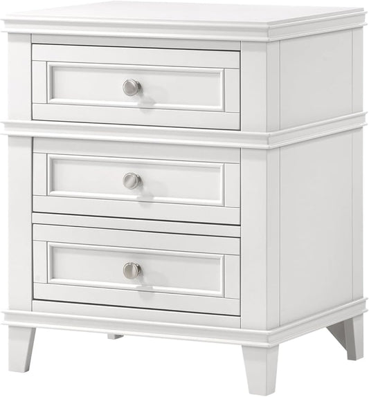 HKHUASEN White Bedside Table with 3 Drawers and USB Ports, Nightstand for Bedroom Organization and Easy Charging