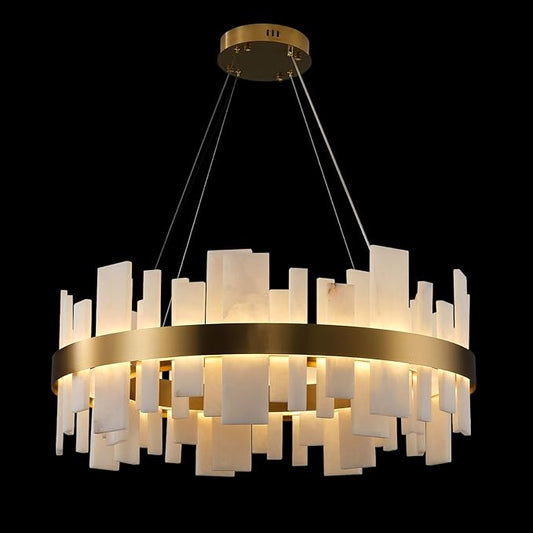 Alabaster Round Chandelier, Natural Spanish Stone Texture Chandeliers, 31.5" Adjustable Alabaster Chandelier Over Table for Living Room, Bedroom, Hallway – Modern Luxury Ceiling Lighting