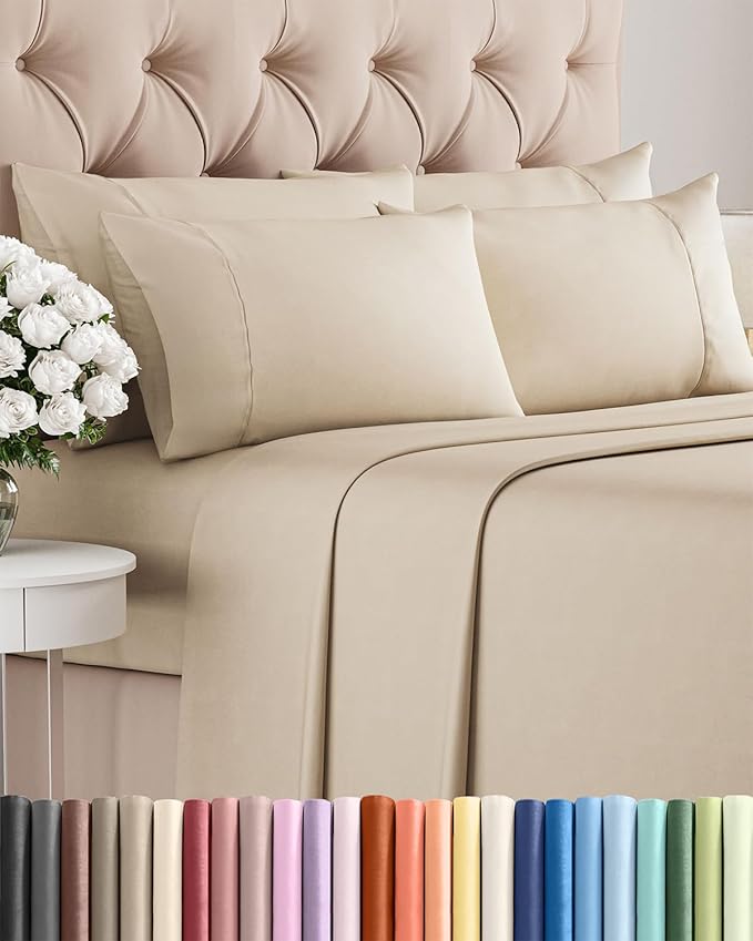 Queen 6 Piece Sheet Set - Cooling, Comfy & Breathable - Hotel Luxury Bedding, Includes Fitted Sheet for Women, Men, Kids and Teens - 1 Flat, 1 Fitted Sheet, 4 Pillowcases with Deep Pockets - Wheat