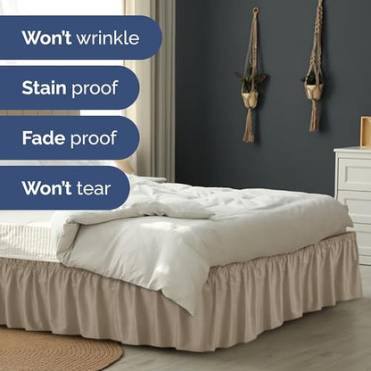 Wrap Around Dust Ruffle Bed Skirt - Cream - for Twin Size Beds w/ 14 Inch Drop - Easy Fit Elastic Strap - Adjustable Pleated Bedskirt w/Brushed Fabric, Wrinkle & Fade Free Women, Men, Kids & Teens