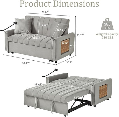 3 in 1 Convertible Sleeper Sofa Bed, Pull Out Couch Bed with USB Ports, Foldable Tables & Phone Stand, Adjustable Backrest Velvet Loveseat Futon Couch for Living Room Bedroom Samll Space (Solid Grey)