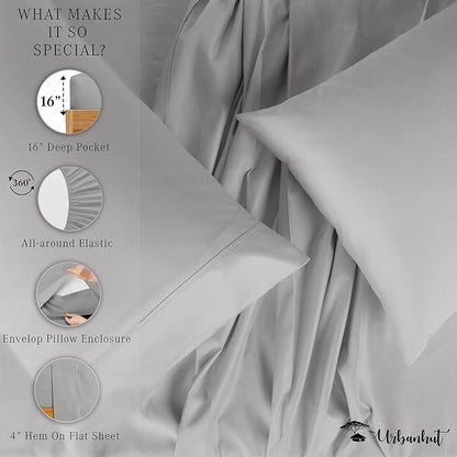 URBANHUT 800 Thread Count 100% Cotton Full Size Sheets, Luxury 4 Piece Full Bedsheets, Hotel Sheets Sateen Finish - Better Than Egyptian, 16" Elasticized Deep Pocket - Silver Grey
