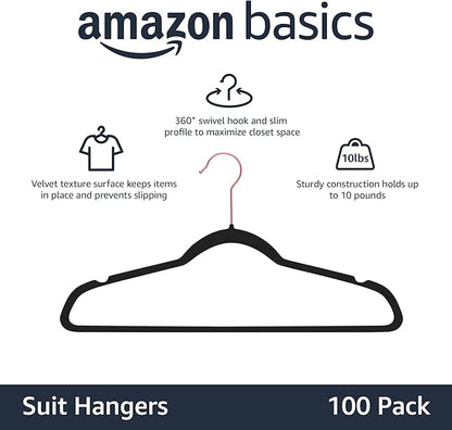 Amazon Basics Slim, Velvet, Non-Slip Suit Clothes Hangers, Black/Rose Gold - Pack of 100