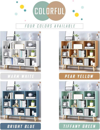 IOTXY Wooden Open Shelf Bookcase - 3-Tier Floor Standing Display Cabinet Rack with Legs, 10 Cubes Bookshelf, Pear Yellow
