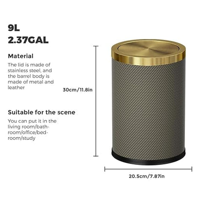 2.4 Gallon Bathroom Trash Can with Lid, Pu Leather Modern Garbage Can, Round Decorative Waste Basket, for Near Desk, Powder, Bedroom, Hotel, Office, Home (9L-Checked Grey)
