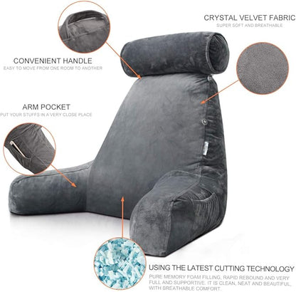 mittaGonG Extra Large Reading Pillow for Sitting in Bed Adult with Detachable Neck Support Cushion & Backrest Pillow for Bed with Arms and Side Pocket Shredded Foam Back Pillow with Washable Cover