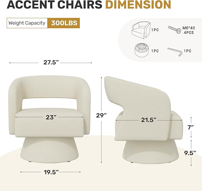 Swivel Accent Chair Set of 2, Modern Comfy Chenille Barrel Chairs, Oversized Upholstered Round Arm Chair for Living Room, Bedroom, Reading Room, Beige