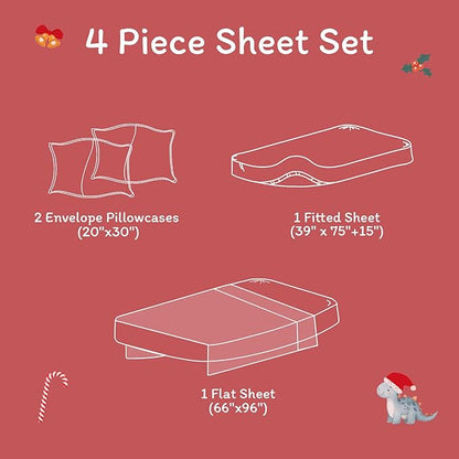 JSD Dinosaur Kids Christmas Sheet Set Full Size, 4 Piece Soft Printed Microfiber Bed Sheets Deep Pocket