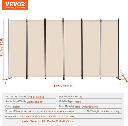VEVOR Room Divider, 6 Panel Room Divider, Folding Privacy Screen and Portable Partition Divider for Room Separation, Freestanding Room Partitions for Office, Bedroom, Study, Beige
