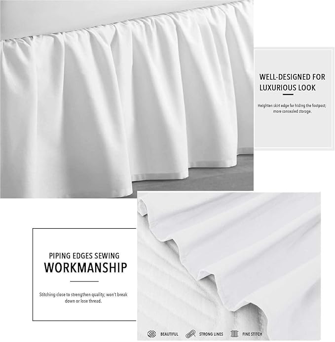 Sleepwell Ruffled Bed Skirt With Split Corners - 28 Inch Drop Poly Cotton/Microfiber Bedskirt With Platform Three Sided Coverage - Queen, White