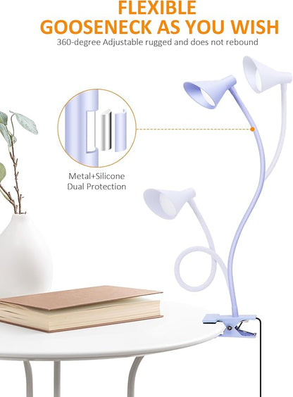 Clip on Light USB Reading Light, Eye Care Dimmable Reading Lamp Flexible Gooseneck Clip on Lamp for Bed Headboard Desk Bedside Dorm - Purple