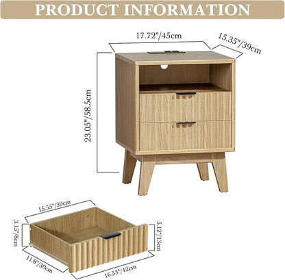 Nightstand Set of 2 with Charging Station, Modern Fluted 2 Drawer End Tables with Storage Shelf, Natural Oak Bedside Tables for Bedroom & Office