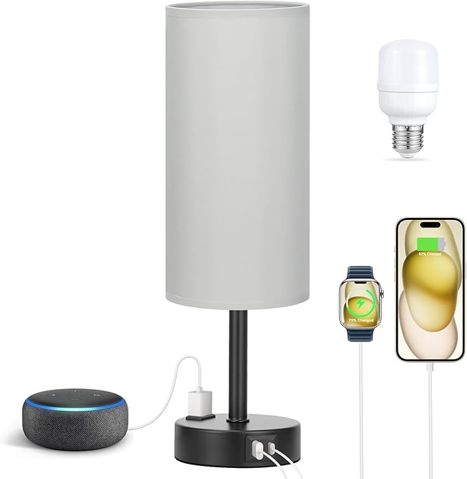 Fenmzee Grey Touch Bedside Lamp for Bedroom - 3 Way Dimmable Table Lamp USB C Charging Ports and AC Outlet, Small Desk Lamp for Living Room, Office, LED Bulb Included