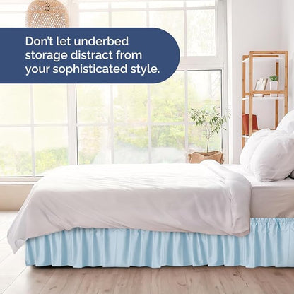 Wrap Around Dust Ruffle Bed Skirt - Light Blue - for Full Size Beds with 21 Inch Drop - Elastic Strap - Adjustable Pleated Bedskirt with Brushed Fabric and Wrinkle Free - for Women, Men, Kids & Teens