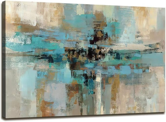DZL Art A74769 Canvas Prints Abstract Wall Art Print Paintings Blue and Brown Stretched Canvas Wooden Framed for Living Room Bedroom and Office Home Decor Artwork