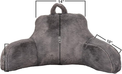 Holawakaka Standard Faux Fur Bed Rest Pillow with Arms, Artificial Rabbit Fur Reading Pillows Perfect for Adults, Teens, Kids, Pregnancy Lumbar & Head Neck Coccyx Lower Back Support Cushion (Grey)