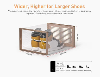 Kuject X-Large Shoe Storage Boxes Organizers for Closet 12 Pack, Fit Size 11,Clear Plastic Stackable Sneaker Containers for Entryway, Space Saving Shoe Rack,Substitute for Drawer Organize Unit, Brown