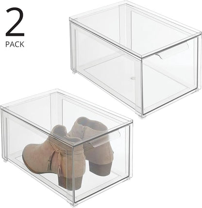 mDesign Plastic Closet Organizer Bin w/Pull Out Drawer - Stackable Storage for Closet - Organization for Shoes, Clothes, Bags, Totes, Small Linens, and More - Lumiere Collection - 2 Pack - Clear