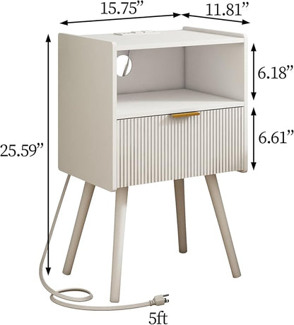 White Nightstand with Outlet,Modern Bedside Table with Storage Drawer and Open Wood Shelf, for Living Room, Bedroom and Small Spaces, Accent Night Stand with Solid Wood Legs, Easy Assembly