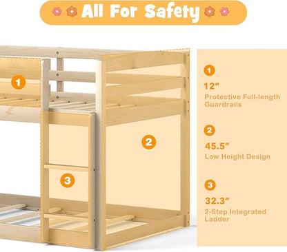 KOMFOTT Low Bunk Bed Twin Over Twin, Solid Wood Twin Bed Frame with Built-in Ladder & Safety Guardrails, Space-Saving Low Bunk Bed for Kids, Teens, No Box Spring Needed