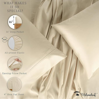 URBANHUT 800 Thread Count 100% Cotton Full Size Sheets, Luxury 4 Piece Full Bedsheets, Hotel Sheets Sateen Finish - Better Than Egyptian, 16" Elasticized Deep Pocket - Ivory
