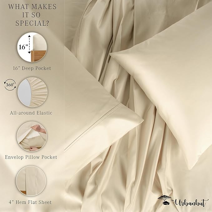 URBANHUT 800 Thread Count 100% Cotton King Size Sheets, Luxury 4 Piece King Bedsheets, Hotel Sheets Sateen Finish - Better Than Egyptian, 16" Elasticized Deep Pocket - Ivory