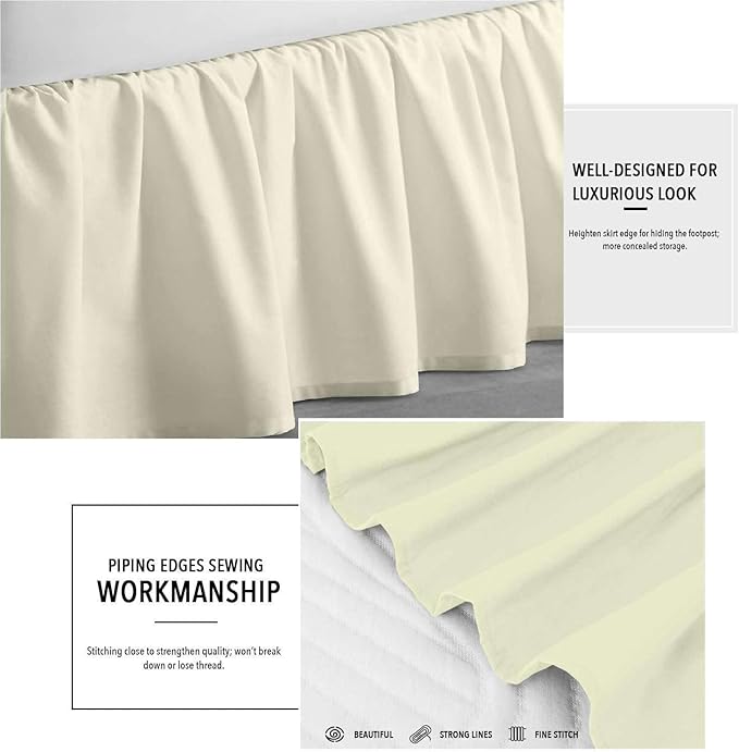 Ivory Solid Ruffled Bed Skirt Short Queen-18 Inch Drop Split Corner, Microfiber Bedskirt with Platform Three Sided Coverage