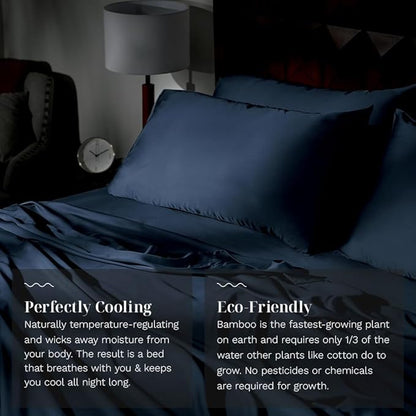 LUXOME Luxury Sheet Set | 100% Rayon (Viscose) from Bamboo | Queen Size - Navy | Deep Pockets | 4-Piece Set (Fitted, Flat, 2 Pillowcases)