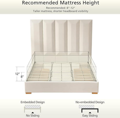 VELOCAVA King Size Upholstered Bed Frame with Extra Tall 71.5" 3D Geometric Headboard, Velvet-Like Fabric, 2 Storage Drawers, 45 Wooden Slats, Adjustable Center Support, No Box Spring Needed, Beige
