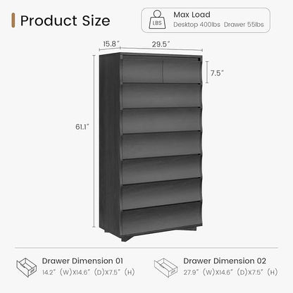 Black Tall Dresser for Bedroom, 61.1" Tall Dresser with 8 Drawers, Wood Dressers & Chests of Drawers, Accent Upright Drawer Organizers for Closet, Hallway