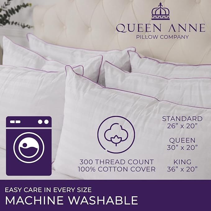Queen Anne Hotel Collection Pillows – Luxury Down Alternative Bed Pillows (2-Pack, Queen Soft) – Ultimate Comfort, Hypoallergenic, Made in The USA