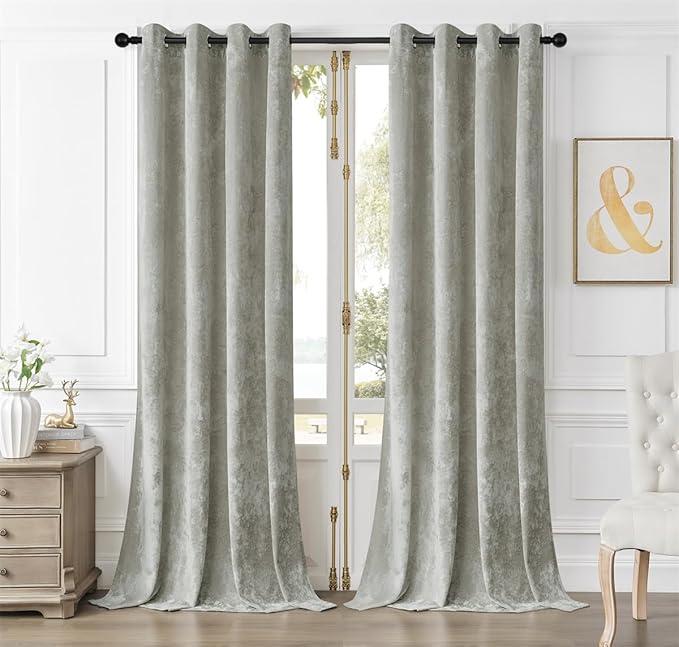 SMILETIME Silver Grey Crushed Velvet Curtains 52x108 inch Luxurious Thermal Insulated Soundproof Drapes for Living Room Bedroom Office Soft and Durable Light-Filtering Window Treatments, 2 Panels
