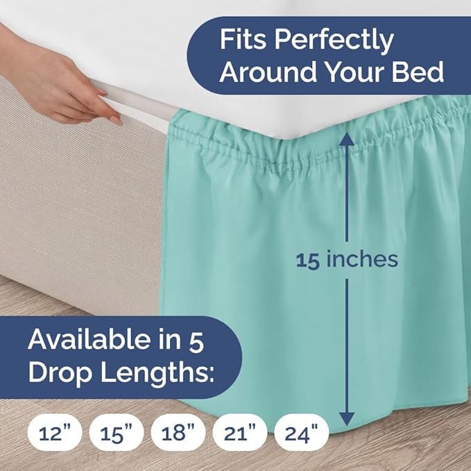 Wrap Around Dust Ruffle Bed Skirt - Spa Blue - for King Size Beds with 15 Inch Drop - Easy Fit Elastic Strap - Adjustable Pleated Bedskirt w/Brushed Fabric Wrinkle Free - for Women, Men, Kids & Teens