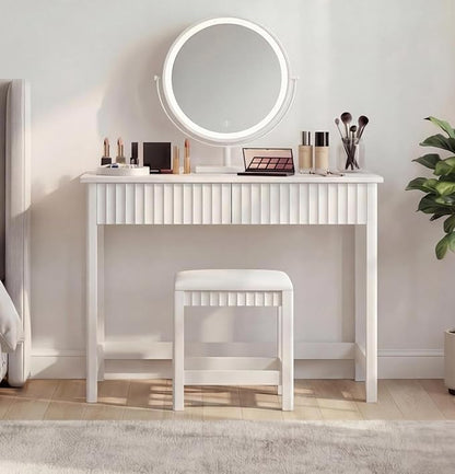 ChooChoo 40 Inch Modern Desk with Drawers, Makeup Vanity Desk with Padded Stool, Small Home Office Desk for Bedroom, White