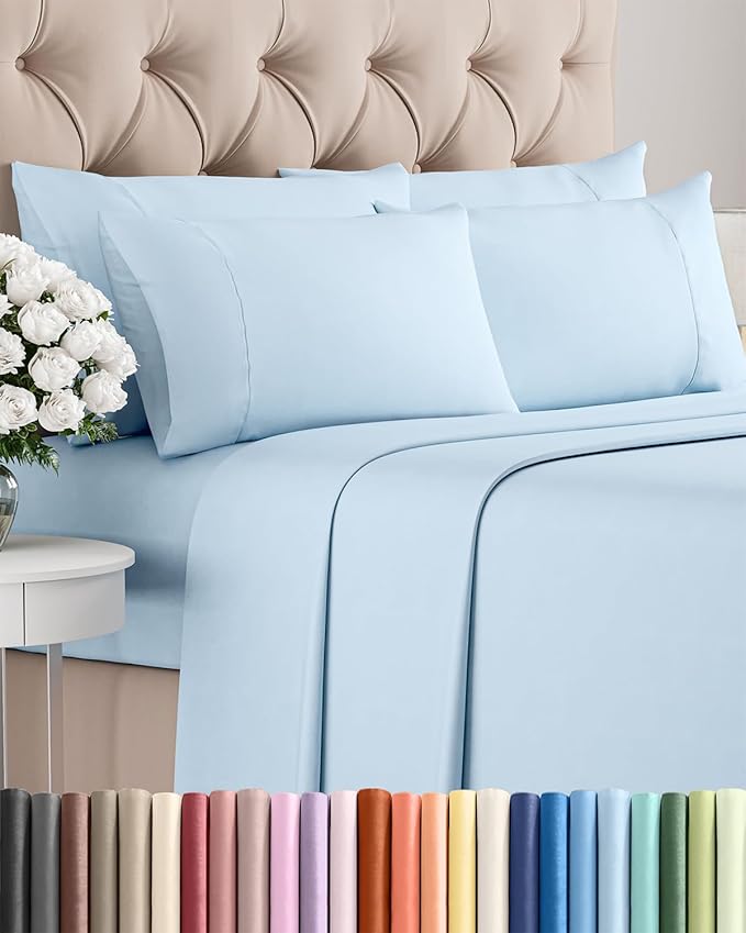 Full 6 Piece Sheet Set - Cooling, Comfy & Breathable - Hotel Luxury Bedding, Includes Fitted Sheet for Women, Men, Kids & Teens - 1 Flat, 1 Fitted Sheet, 4 Pillowcases with Deep Pockets - Baby Blue
