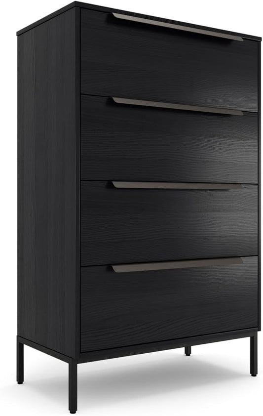 tinge Lira Premium Fabric Dresser - Solid Wooden Frame, 4 Spacious Sag-Proof Drawers with Sleek Metal Handles - Sleek & Durable Storage Solution for Your Home (Black)